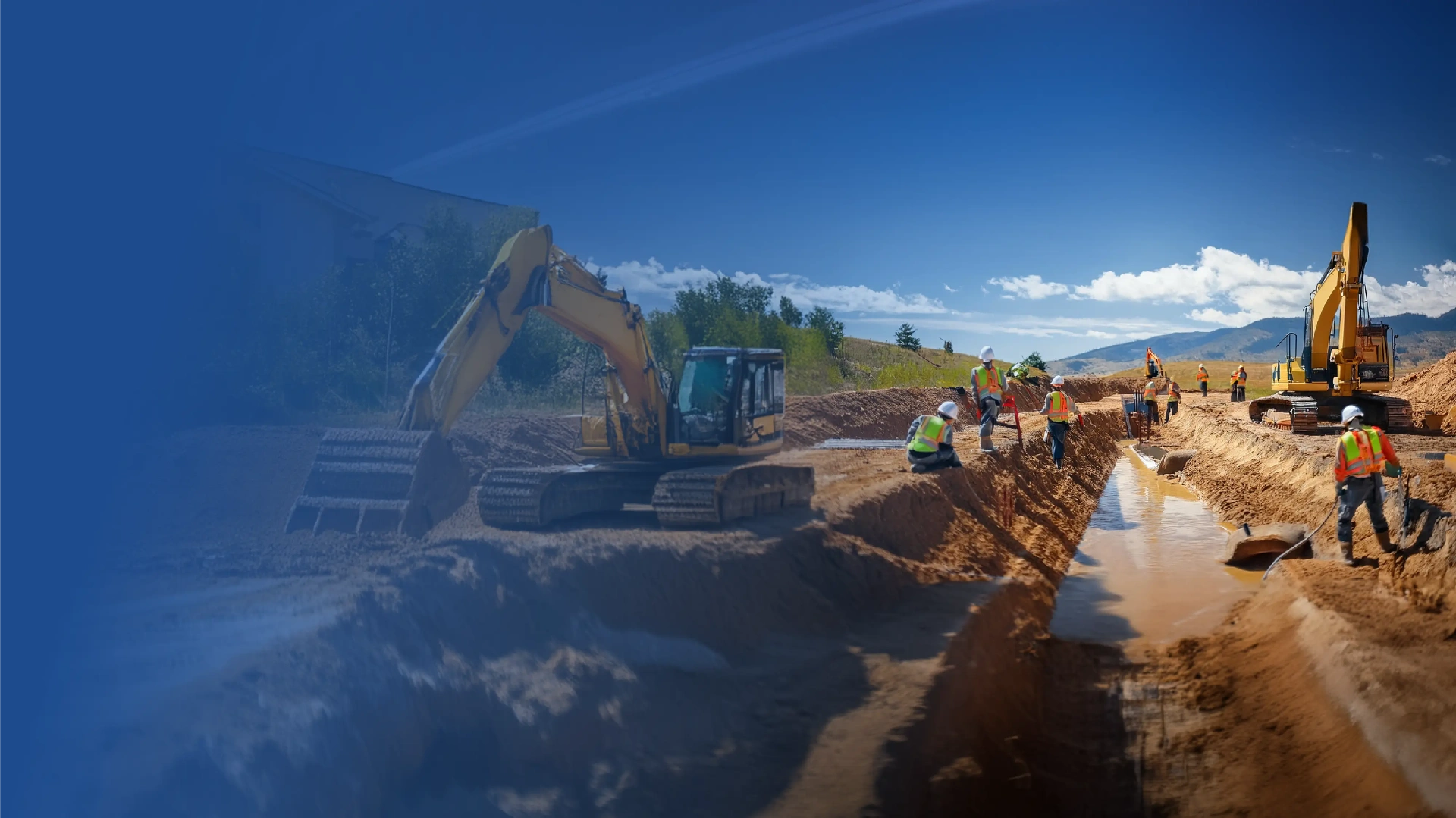 Excavators and construction crew managing sediment and water on a Colorado job site