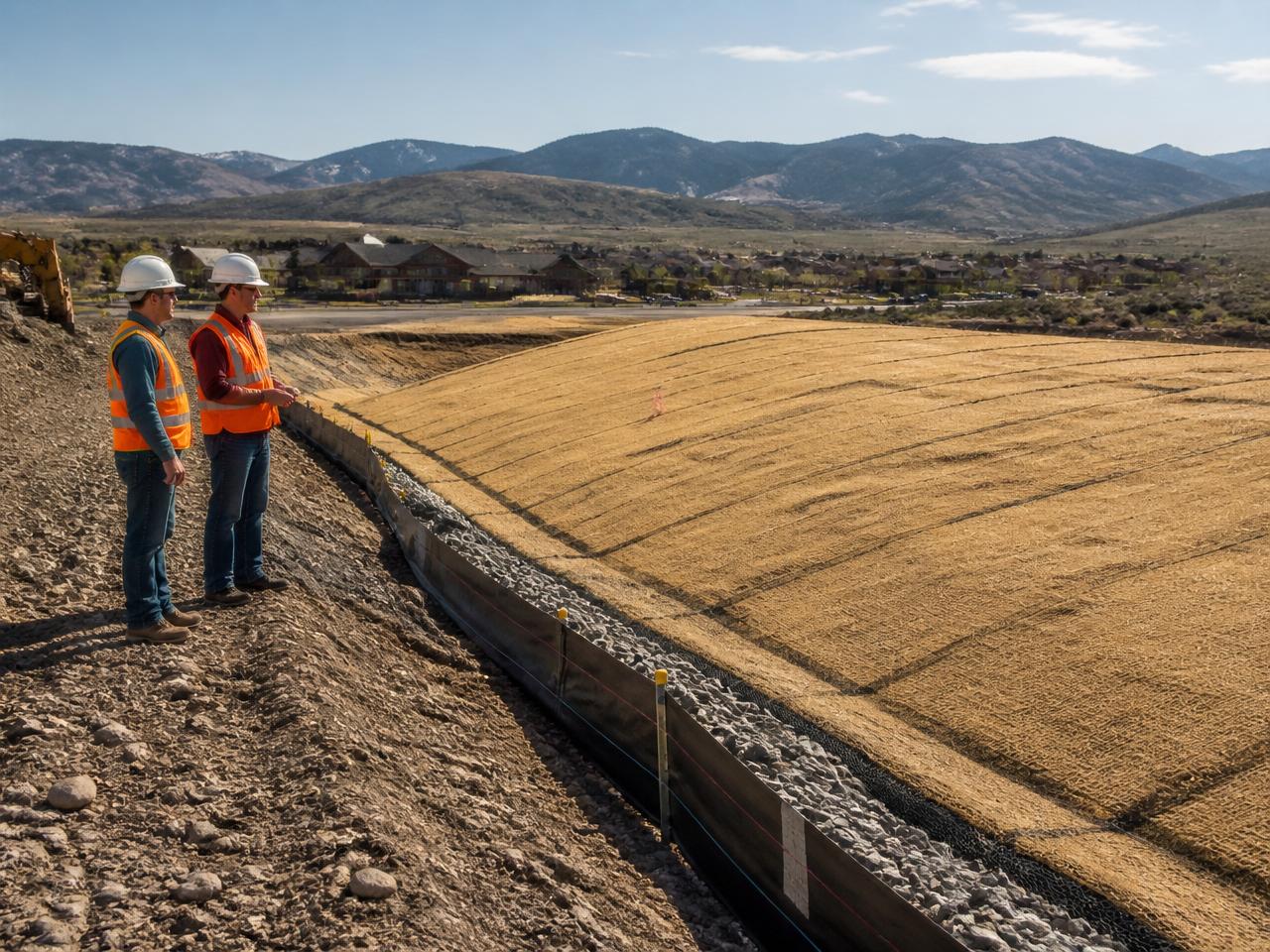 Envision crew inspecting erosion control blankets and sediment BMPs on a Colorado Front Range site