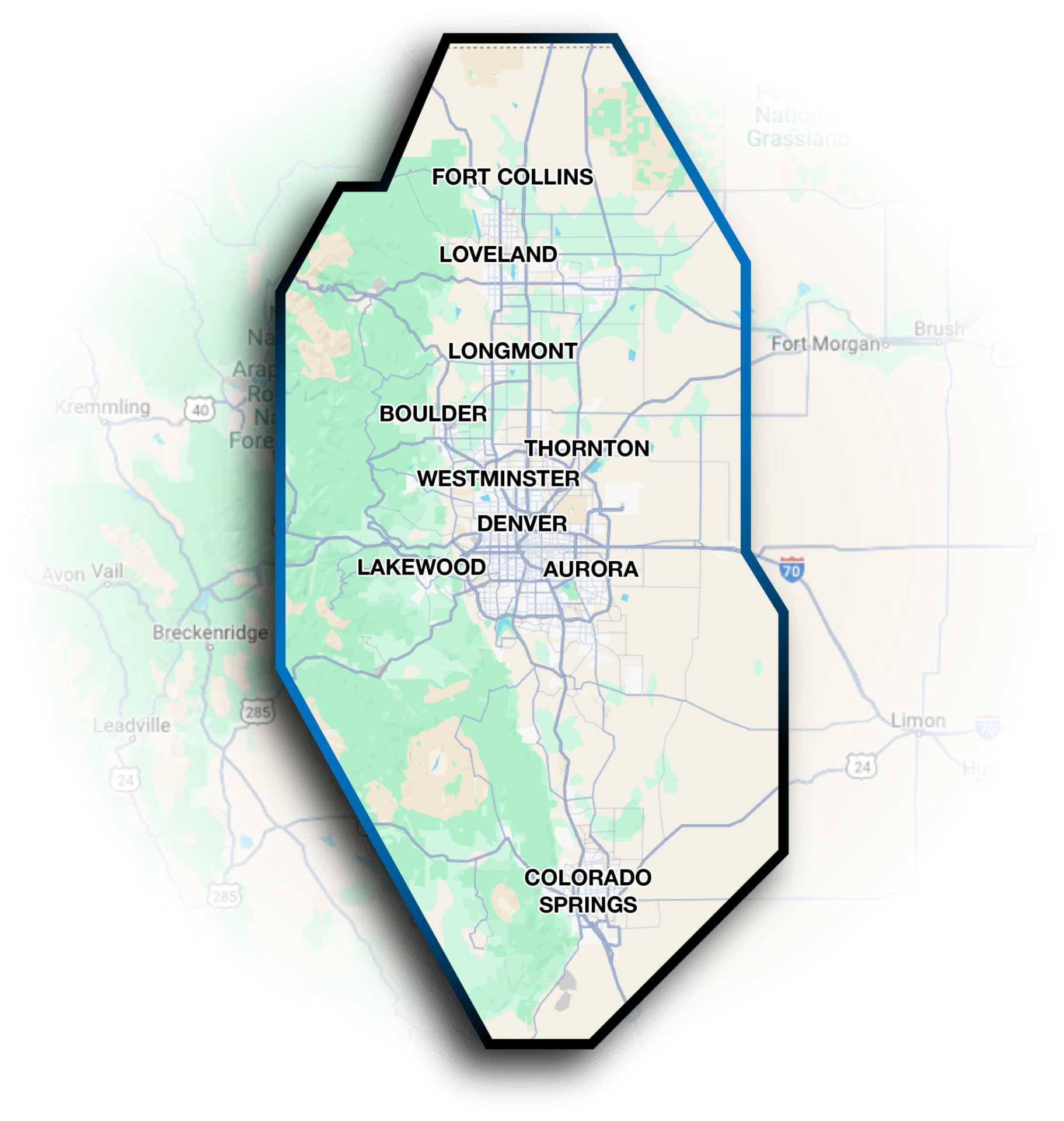 Envision Construction Management service area map of Colorado's Front Range